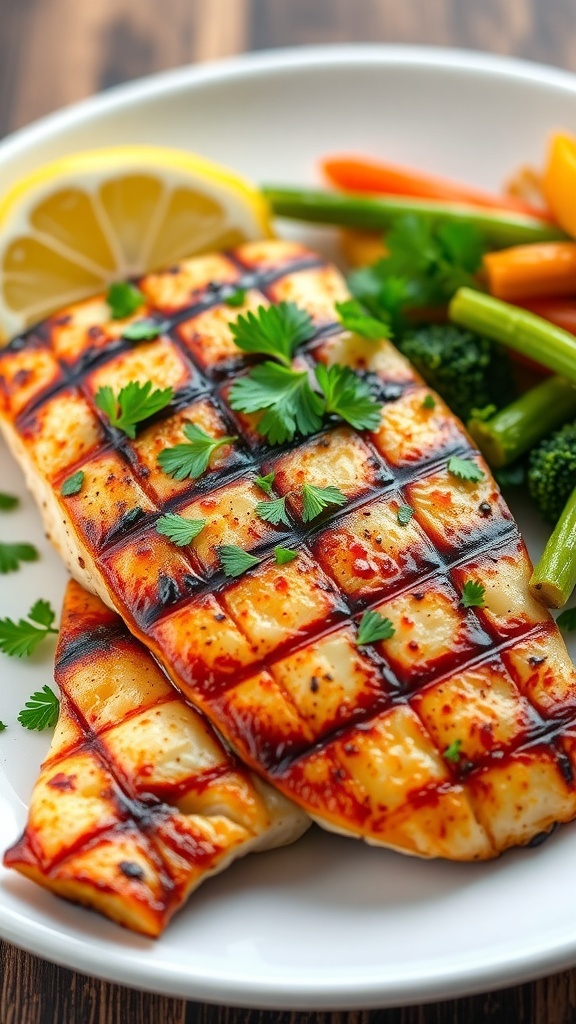 Grilled Tilapia Recipe Grilled tilapia fillet garnished with parsley and lemon, served with vegetables on a white plate.